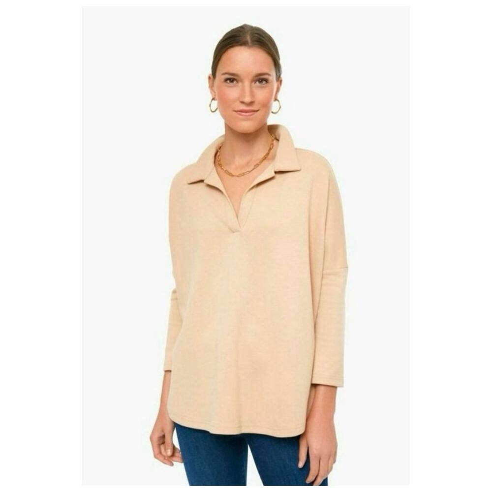 Pomander Place Beige Collared V-Neck Long Sleeve Blouse